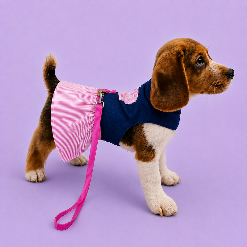 Vestido PetChic Azul Marinho e Rosa com guia